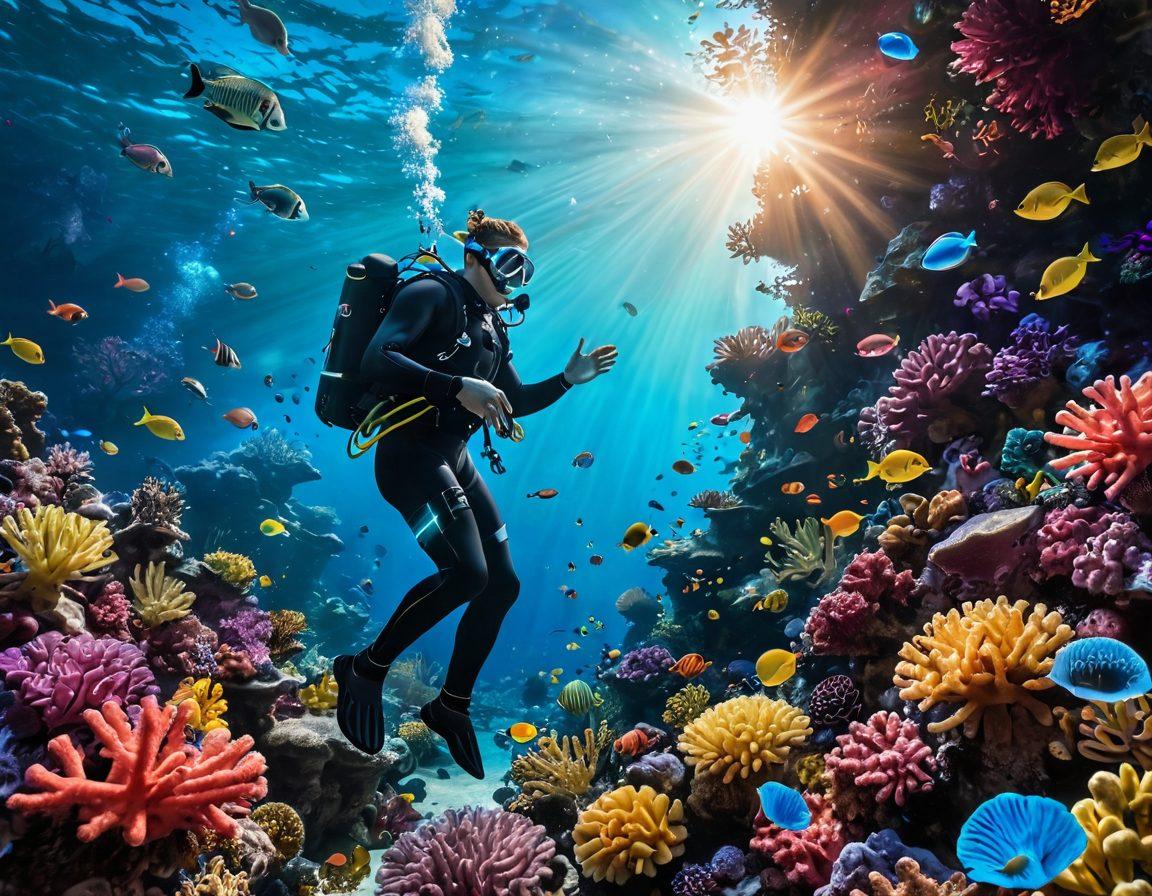A vivid underwater scene showcasing an enthusiastic diver exploring a vibrant coral reef filled with futuristic gadgets and glowing software icons. Bubbles rise around the diver as they discover advanced tech gadgets embedded in colorful corals, reflecting innovation and exploration. The sunlight filters down, illuminating this tech wonderland with bright colors, creating a sense of adventure and curiosity. super-realistic. vibrant colors. underwater theme.