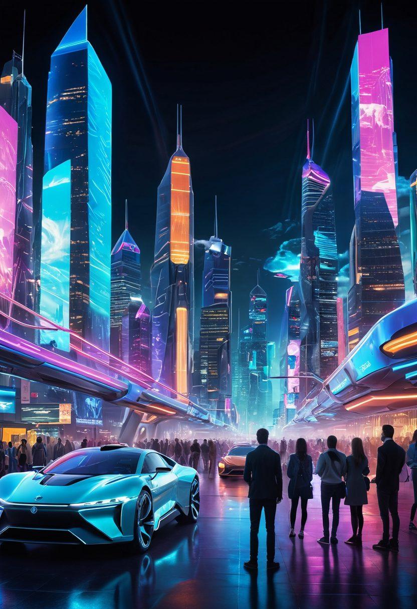 A futuristic landscape displaying a vibrant city skyline with advanced technology like flying cars and holograms. In the foreground, a diverse group of tech enthusiasts are engaged around a glowing review board showcasing the latest gadgets. The atmosphere is dynamic and energetic, with bright neon lights illuminating the scene. super-realistic. vibrant colors. 3D.