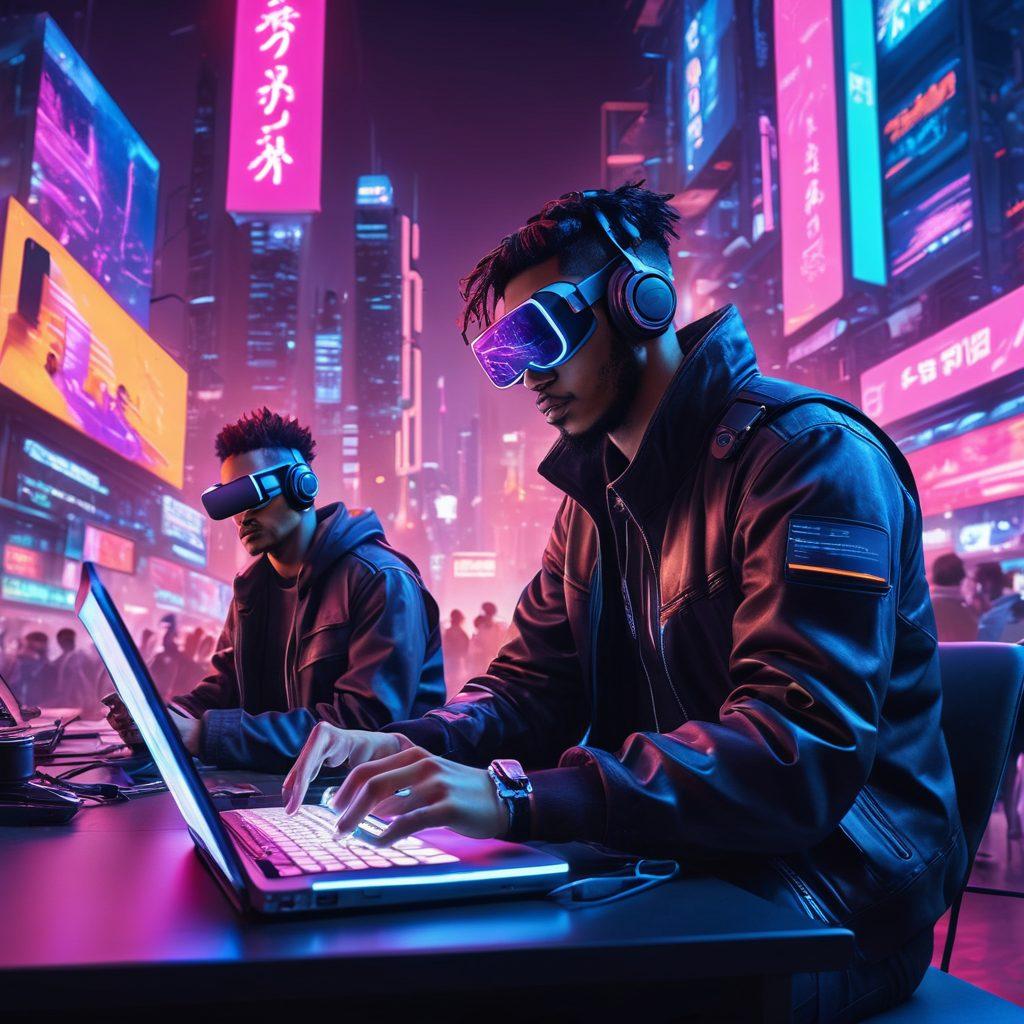 A vibrant illustration of a diverse group of tech enthusiasts surrounded by modern gadgets like laptops, VR headsets, and futuristic smartphones. They are engaged in discussions and activities that reflect the digital lifestyle, set against a backdrop of a bustling digital cityscape filled with neon lights and holographic displays. Incorporate elements of gaming, programming, and social media in a bright, energetic atmosphere. super-realistic. vibrant colors. cyberpunk.